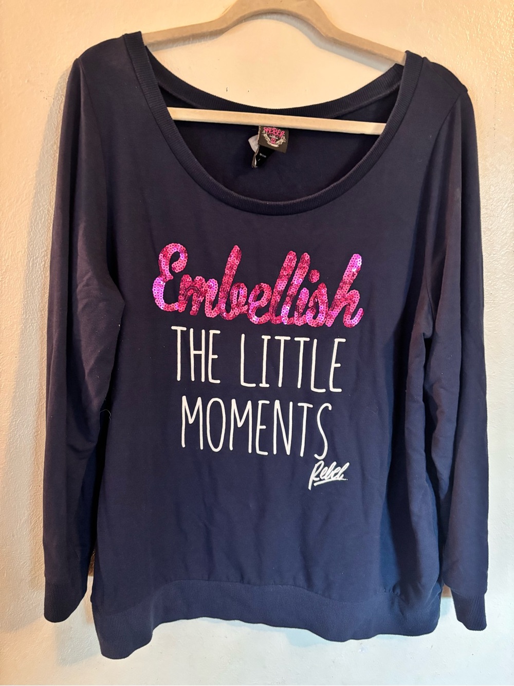 rebels Navy Sweatshirt with Pink Sequin 'Embellish' Script